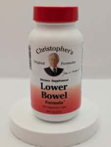 "Christopher’s Original Formulas Lower Bowel Formula herbal supplement bottle – front label, 100 vegetarian capsules"